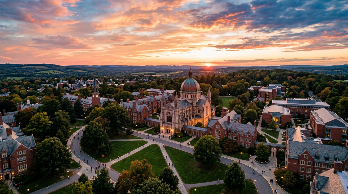 Aerial photo of campus in the fall